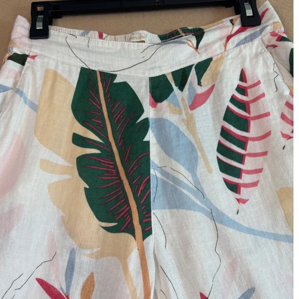 Cynthia Rowley 100% Linen Wide Leg Tropical Leaf Print Pants Cream Small